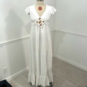 70s boho maxi sun dress cotton crepe fabric with embroidered front placket